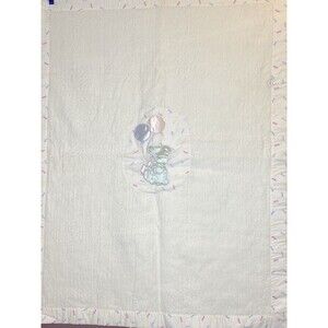 Quiltex Vintage White Acrylic Baby Blanket Teddy Bear Satin Trim 36 x 43” ILGWU